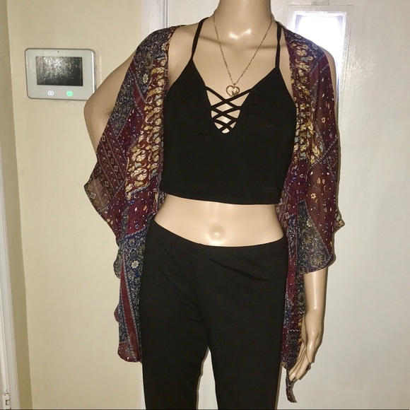 Gold / Burgundy Cut Out Kimono - Picture 7 of 14